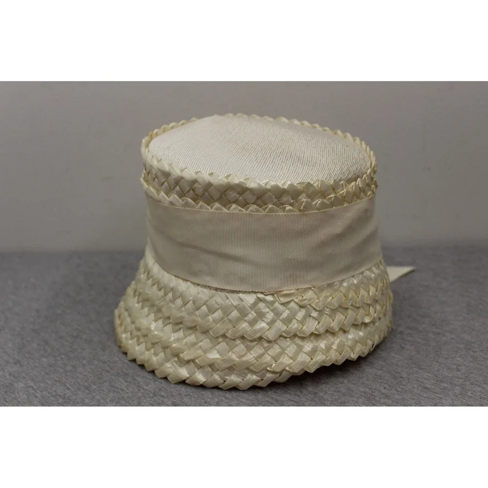 Vintage Hat Womens Cream Woven Straw Pillbox Grosgrain Ribbon Bow Union Made